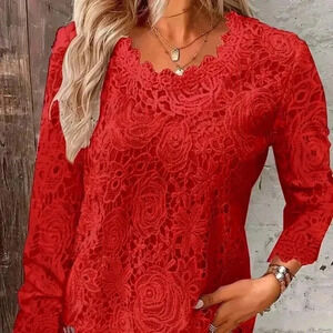 Red Lace Crew-Neck Blouse Embellished